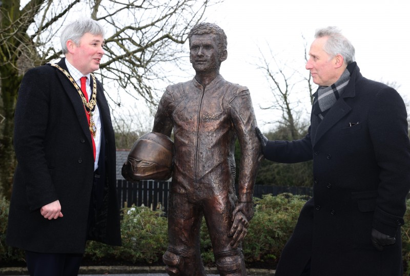 The Mayor of Causeway Coast and Glens Borough Council Councillor Richard Holmes pictured at the unveiling of the new William Dunlop statue with Ian Paisley MP, who chaired the Working Group behind the project.