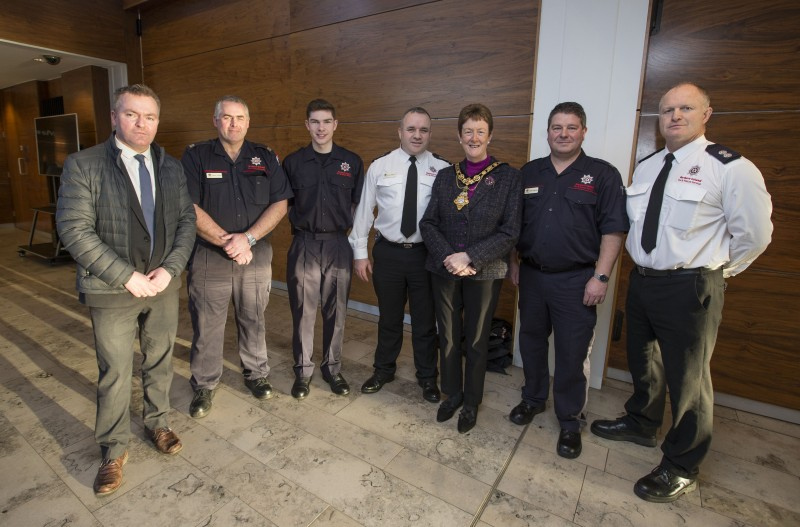 Patrick McColgan from Causeway Coast and Glens Borough Council pictured with representatives from NIFRS and the Mayor, Councillor Joan Baird OBE who hosted a reception in Cloonavin for those involved in the rescue operation at Agherton Grange.
