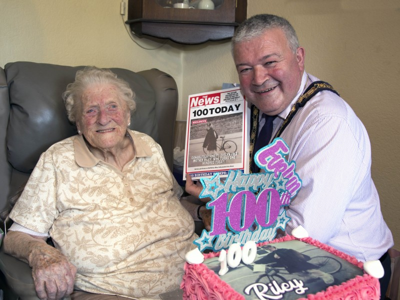 The Mayor of Causeway Coast and Glens Borough Council, Councillor Ivor Wallace, wishes Bushmills resident Evelyn Fleming a very happy 100th birthday.