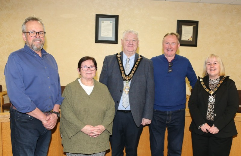 Mayor of Causeway Coast and Glens, Councillor Steven Callaghan and Deputy Mayor, Cllr Margaret-Anne McKillop with outgoing committee members of the Friends of Ballycastle Museum, Martin Magee, Brigene McNeilly and Brian Molloy.