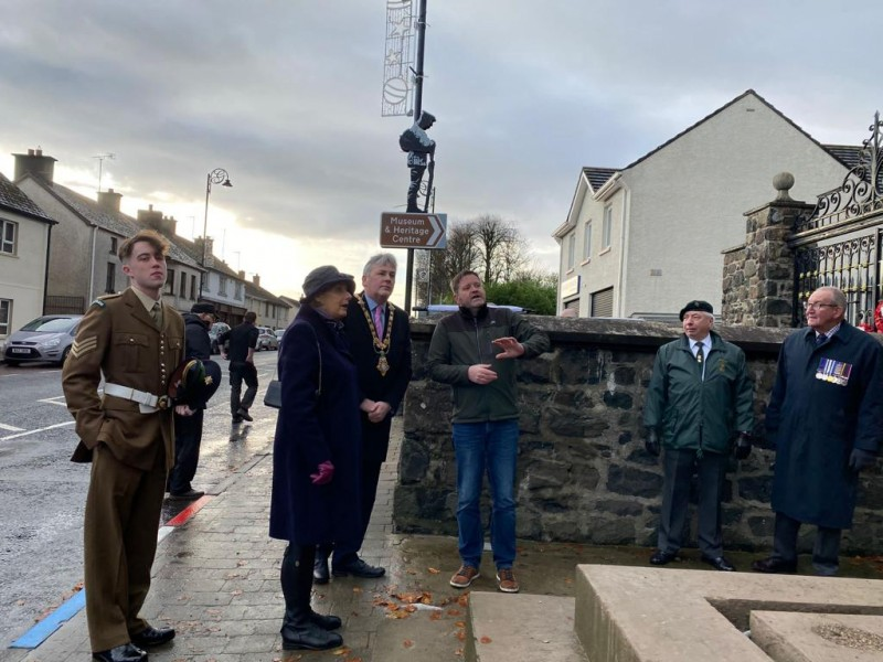 Gregg McClements, Causeway Coast and Glens Borough Council’s Capital Projects Officer talks through the restoration project at Garvagh War Memorial with the Mayor, Councillor Richard Holmes, and Lord-Lieutenant of County Londonderry Mrs Alison Millar.
