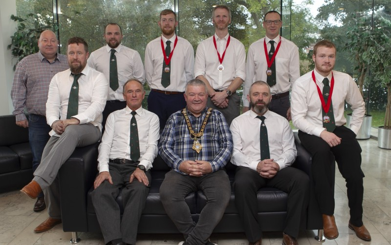 Members of Garvagh Tug of War Team pictured in Cloonavin with the Mayor of Causeway Coast and Glens Borough Council, Councillor Ivor Wallace.