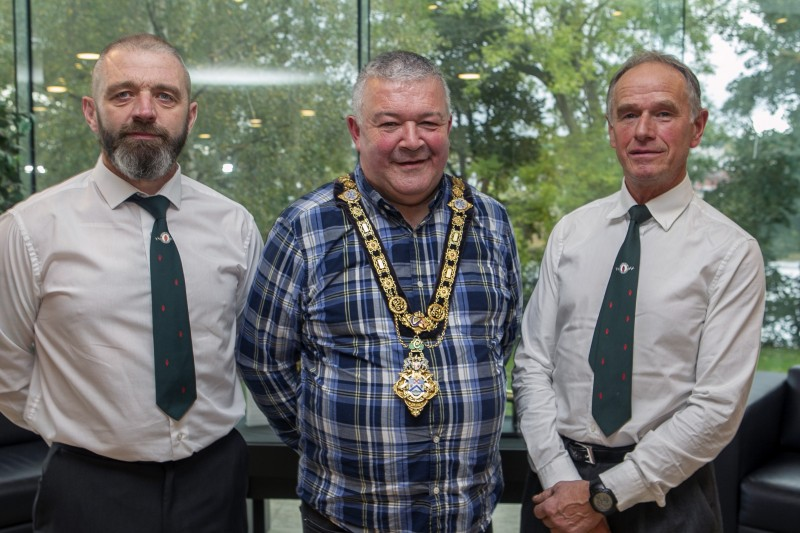 Pictured in Cloonavin are Steven Speers, Garvagh Tug of War Club Captain, the Mayor of Causeway Coast and Glens Borough Council, Councillor Ivor Wallace. and Kenny Moore, Garvagh Tug of War Club Coach.