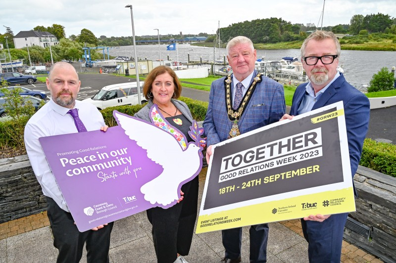 Celebrating Good Relations Week 2023 are Paul Douglas, Northern Ireland Executive Office, Joy Wisener, Good Relations Officer, Causeway Coast and Glens Borough Council, Mayor of Causeway Coast and Glens Borough Council Councillor Steven Callaghan and Peter Day, Director of Community Engagement at the Community Relations Council.