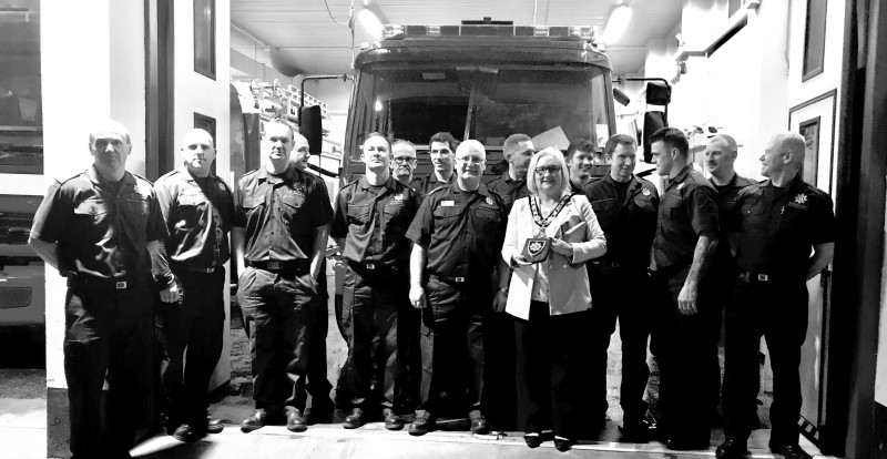 The Mayor of Causeway Coast and Glens Borough Council, Councillor Brenda Chivers pictured with fire fighters at Limavady Fire Station.