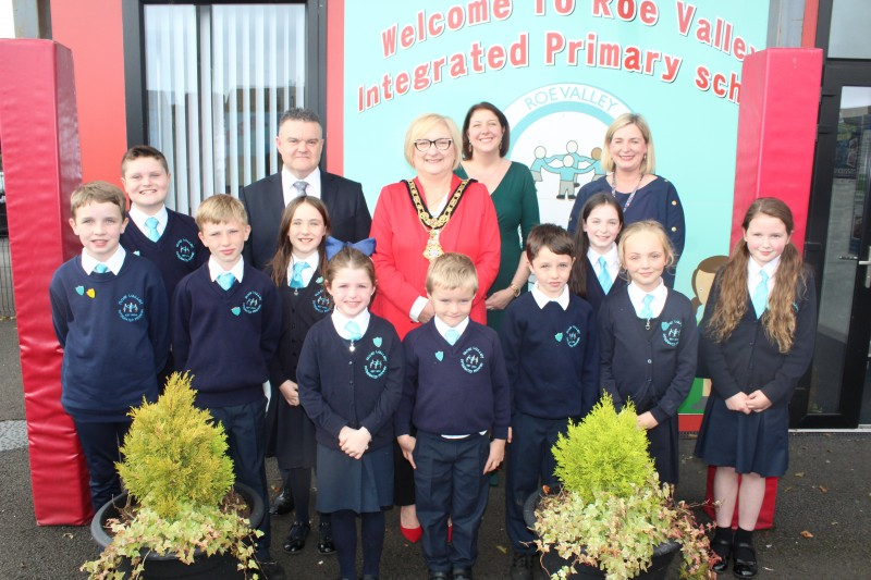 The Mayor of Causeway Coast and Glens Borough Council, Councillor Brenda Chivers pictured as she is welcomed to Roe Valley Integrated Primary School by staff and pupils.