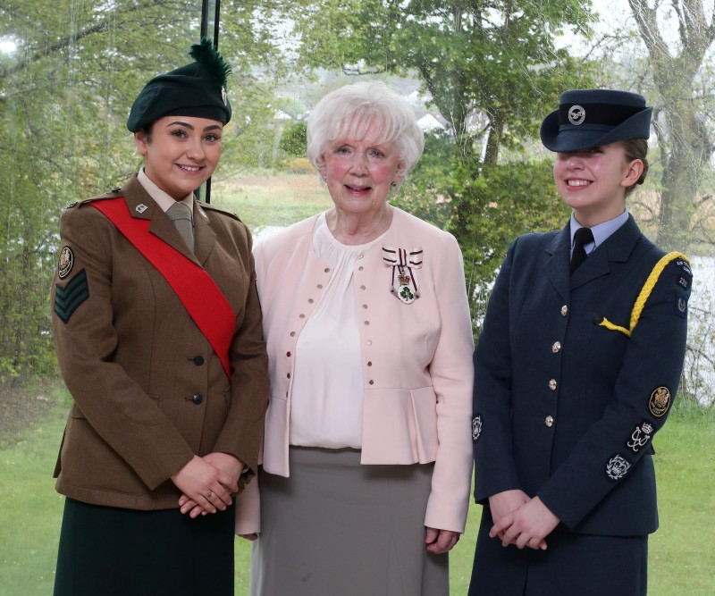Joan Christie, pictured at the Freedom of the Borough event held in Causeway Coast and Glens Borough Council's headquarters in Coleraine with cadets Yasmin Andrews and Rebekah McFetridge.