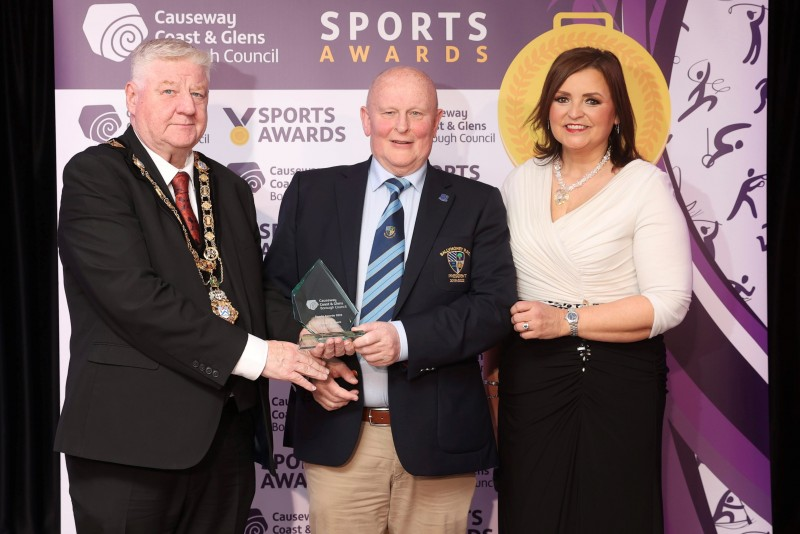Services to Sport winner, John Waide ¬at the gala awards event in the Lodge Hotel, Coleraine with Denise Watson and Mayor, Councillor Steven Callaghan.