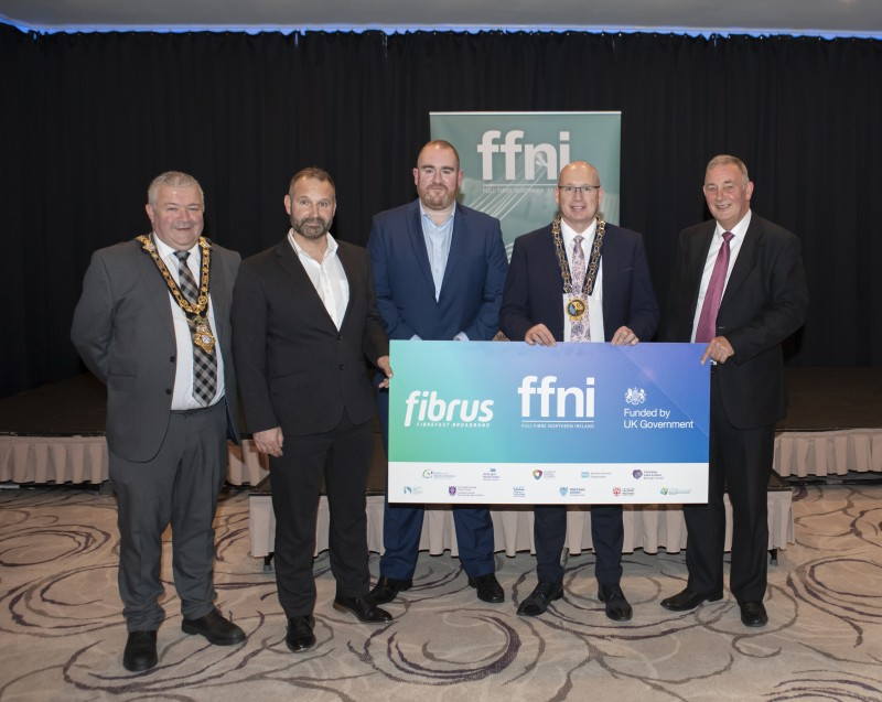 (left to right): Cllr Ivor Wallace, Mayor, Causeway Coast and Glens Borough Council, Shane Haslem - Fibrus Chief Operating Officer, Dominic Kearns - Fibrus Chief Executive Officer, Cllr Michael Savage, Chairperson, Newry, Mourne and Down District Council and Jim Hill, Local Delivery Lead, Department for Digital, Culture, Media and Sport