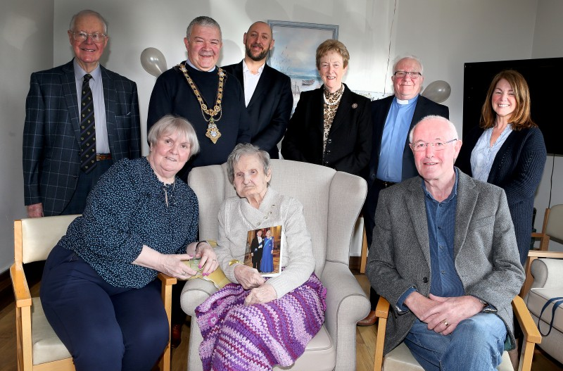 Lily Patrick with Very Rev Dr Godfrey Brown, Mayor Cllr Ivor wallace, Rev Dr Andre Alves-Areias, Minister of Mosside and Toberdoney Presbyterian Churches, Cllr Joan Baird, Rev Dr Ian McNie and Vivienne McMaster, with Joan and Leonard Quigg