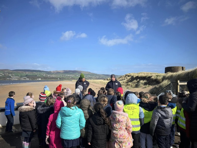 Primary three pupils from Faughanvale and Ballykelly primary schools teamed up for a litter pick and art project at Magilligan beach