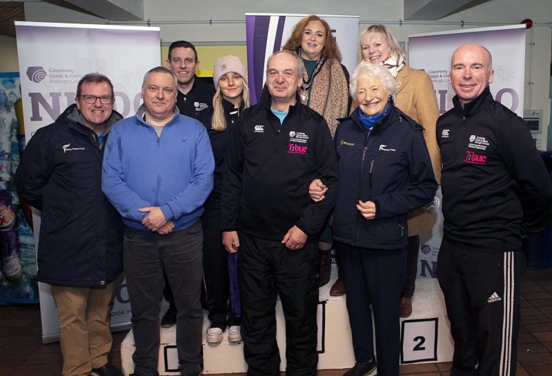 Dame Mary Peters pictured with the Deputy Mayor of Causeway Coast and Glens Borough Councillor Ashleen Schenning, the Chairperson of Council’s NI 100 Working Group Alderman Michelle Knight McQuillan and Council staff involved in the organisation of the Mary Peters Games held in Coleraine.