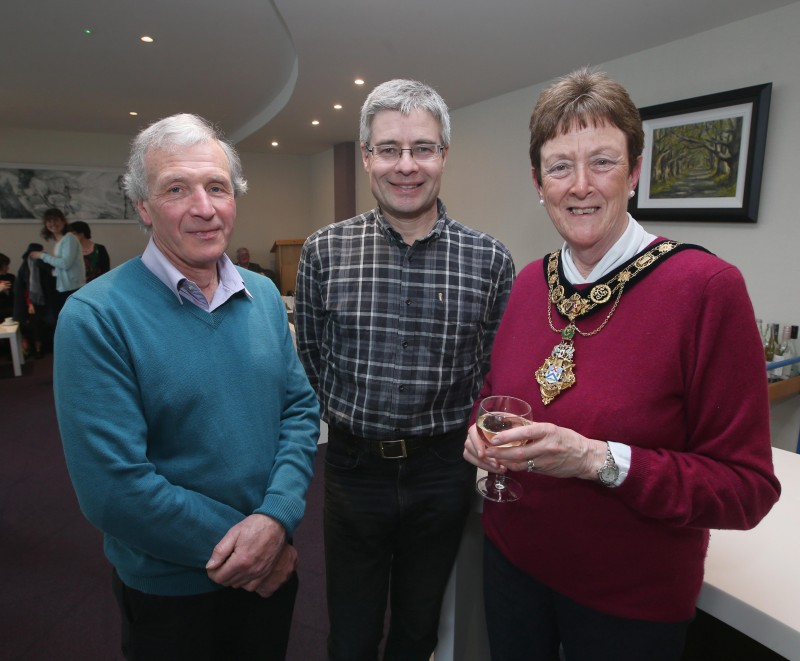 The Mayor of Causeway Coast and Glens Borough Council, Councillor Joan Baird, OBE pictured with Donal O’Donnell and Ciaran Mulholland at the civic reception in Cloonavin.