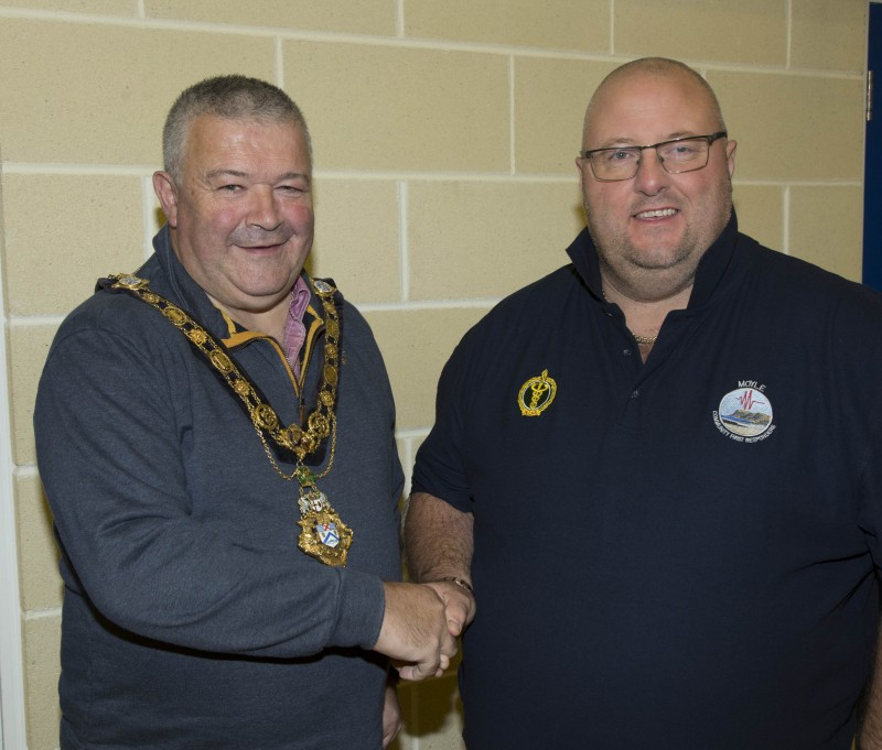 The Mayor, Councillor Ivor Wallace pictured with Jimmy Mulholland, Moyle Community First Responders Co-ordinator.