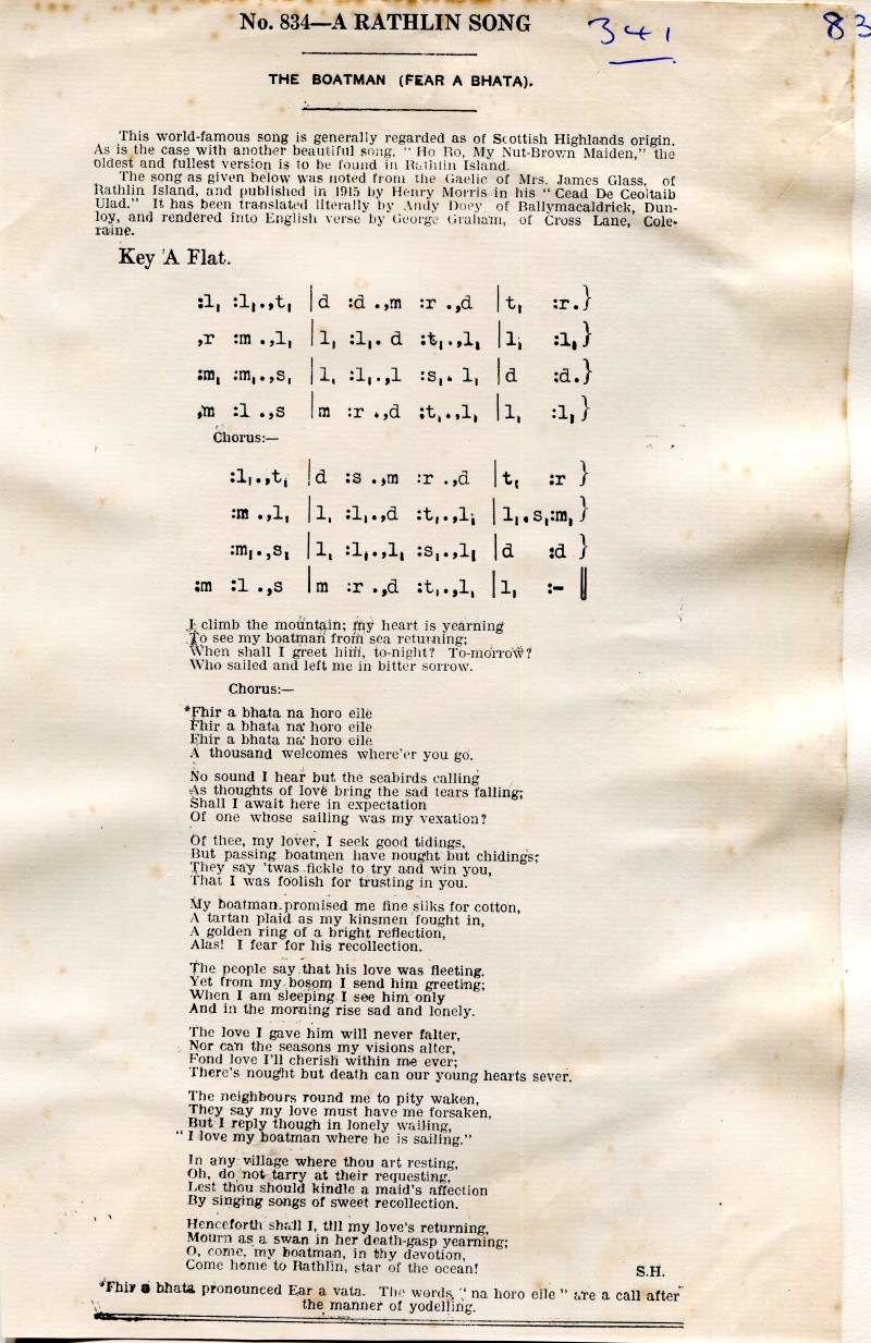 Tonic sol-fa and lyrics for ‘A Rathlin Song (Fear a Bhata)’. Sam Henry collection, Coleraine Museum