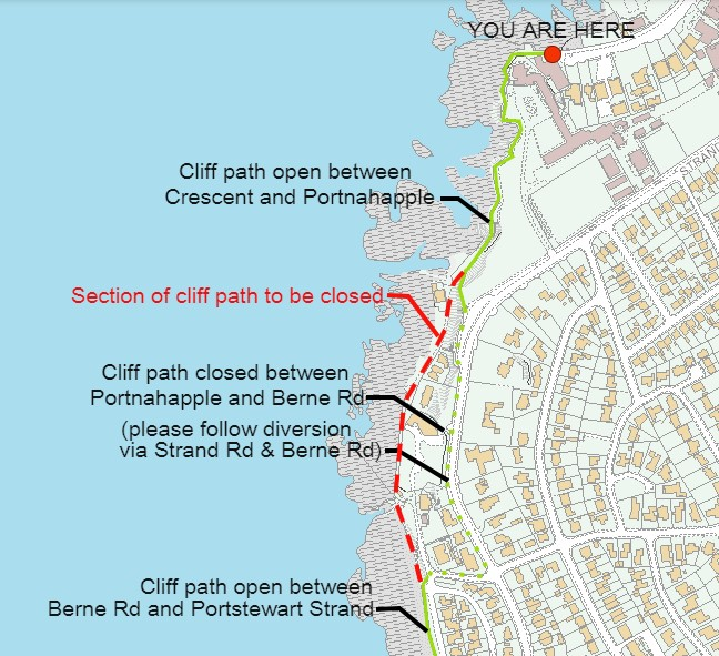 The section of coastal path which will be temporarily closed and the route diversion