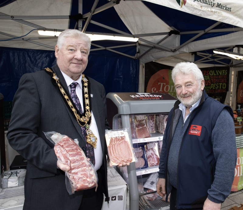 Mervyn Kennedy of Kennedy Bacon pictured with Mayor, Councillor Steven Callaghan at the award-winning Causeway Speciality Market.