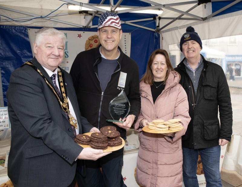 Mayor, Councillor Steven Callaghan indulges his sweet tooth with Ted and Alastair at Big Ted’s American Cookies, alongside Catrina McNeill, Council’s Town Project officer.