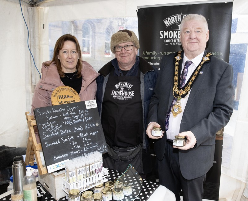 Ruairidh Morrison of North Coast Smokehouse pictured with Mayor, Councillor Steven Callaghan and Catrina McNeill, Council’s Town Project officer.