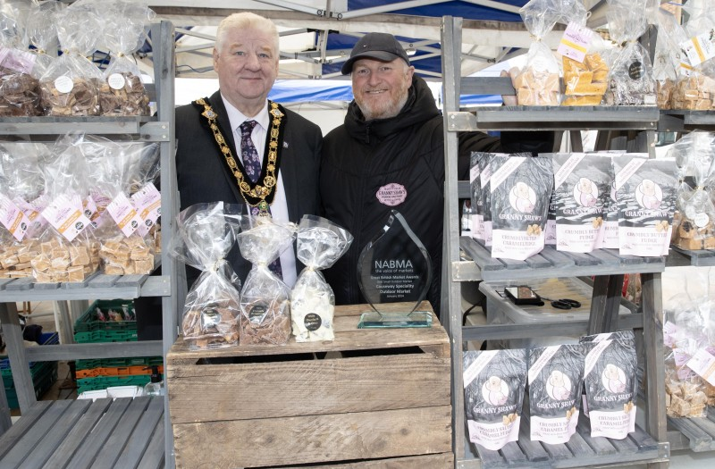 Glen Houston from Granny Shaw’s Fudge Factory with Mayor, Councillor Steven Callaghan at Causeway Speciality Market.