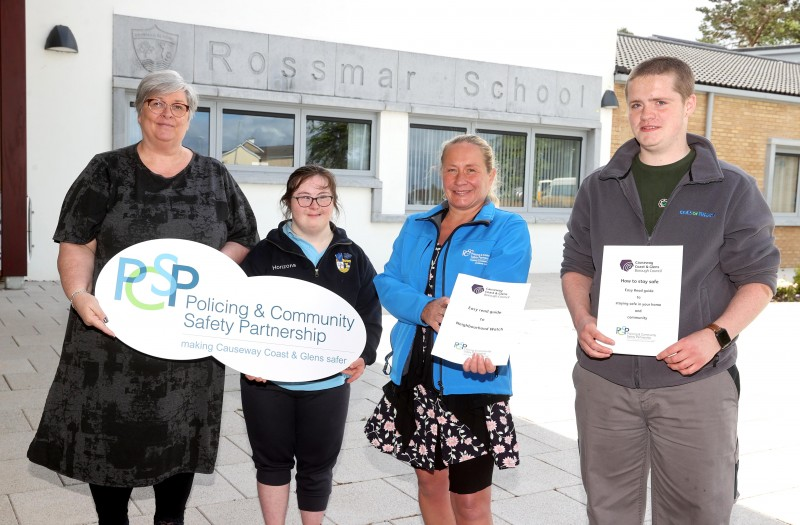 Pupils at Rossmar School in Limavady were recently presented with a new Easy Read guide to community safety. Pictured are Vice Principal, Ms C Archibald (left); pupils Zoe and Aiden and Melissa Lemon, PCSP Officer.