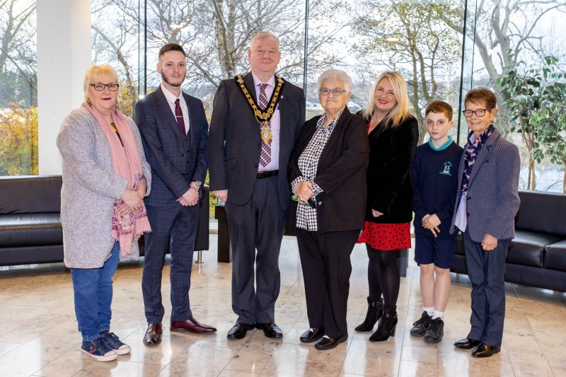 Mayor of Causeway Cost and Glens, Councillor Steven Callaghan and Margaret Peacock alongside Karen Hutchinson, Chris McCotter, Liz Bradley, Adam Kennedy and Emma Kennedy.