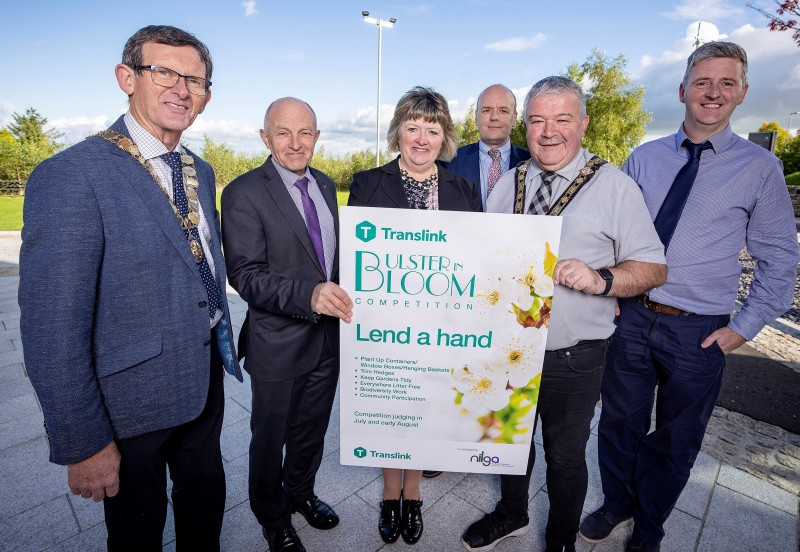 The results of the 2022 Translink Ulster in Bloom Competition have been announced celebrating horticultural excellence in cities, towns and villages right across Northern Ireland.  Coleraine won in the Large Town/Small City category.  Pictured -R Cllr Martin Kearney, President NILGA; Dr Michael Wardlow, Translink Chairman; Cllr Frances Burton, Vice President NILGA; John Thompson, Translink Safety and Corporate Responsibility Manager; Councillor Ivor Wallace Mayor of Causeway Coast and Glens Borough Council and Noel Davoren from Causeway Coast and Glens Borough Council.