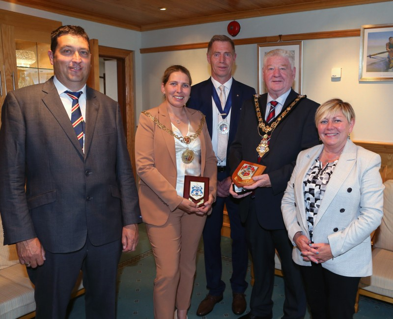 (Front row) Mayor of Causeway Coast and Glens, Councillor Steven Callaghan with the Mayor of Douglas, Councillor Natalie Byron-Teare, and her husband Andrew. (Back row L-R) Warner Kilpatrick, Ballymoney Twinning Association; Councillor Jonathon McAuley, CCG Borough Council; Councillor Stephen Pitts, Douglas Borough Council; Councillor Sharon McKillop, CCG Borough Council; Paula Pitts; Adrian Darragh, Ballymoney Twinning Association.