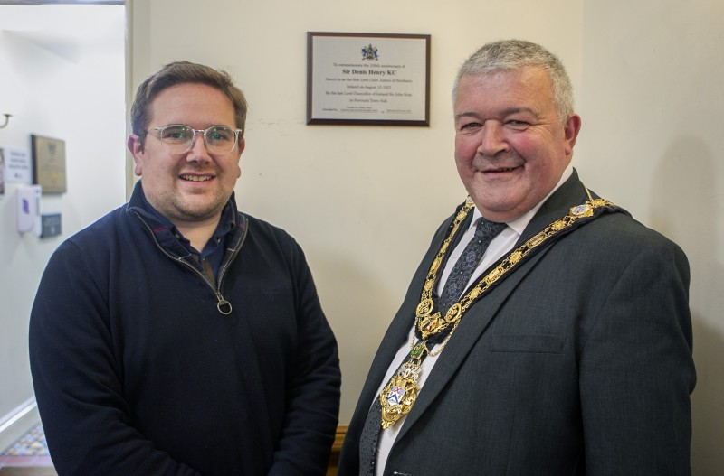The Mayor of Causeway Coast and Glens Borough Council, Councillor Ivor Wallace, pictured in Portrush Town Hall where the new commemorative plaque is now in place, with Councillor Aaron Callan.