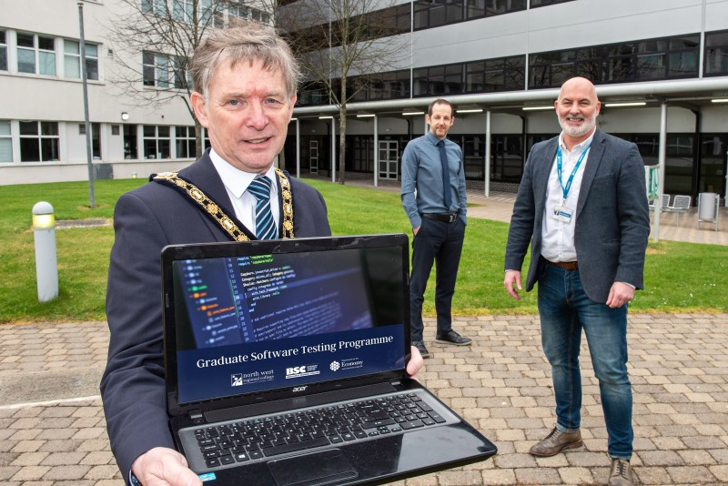 Mayor of Causeway Coast and Glens Borough Council, Alderman Mark Fielding, Campus Manager of NWRC Limavady, Luke McCloskey, and Business Development Executive at NWRC Mark McGerty, pictured at the launch of the Graduate Software Testers Programme. (pic Martin McKeown).