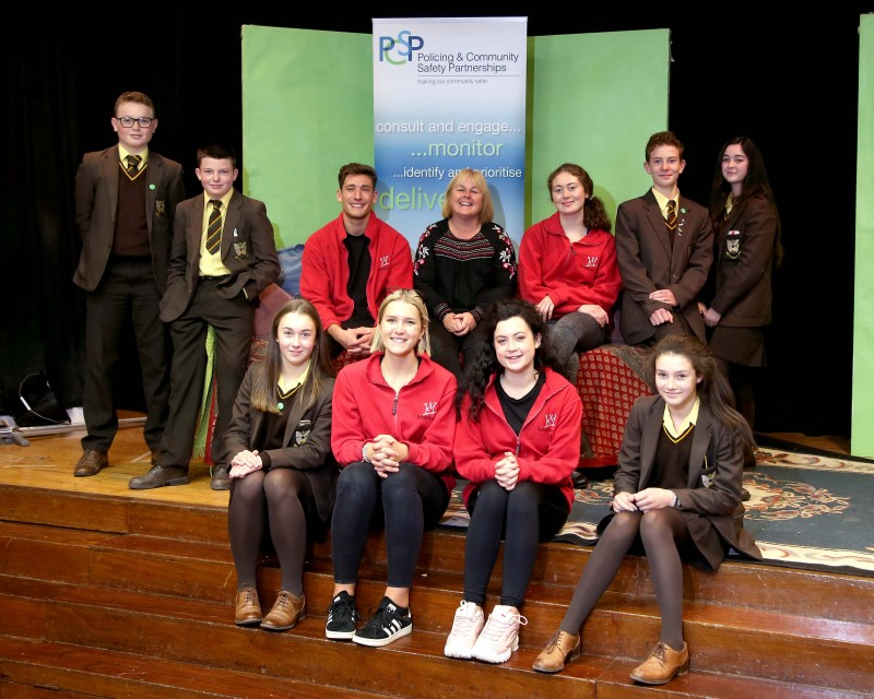 Pupils from Cross and Passion College pictured with Councillor Margaret-Anne Mc Killop and Solomon Theatre Company facilitators following the educational performance of ‘Last Orders’.