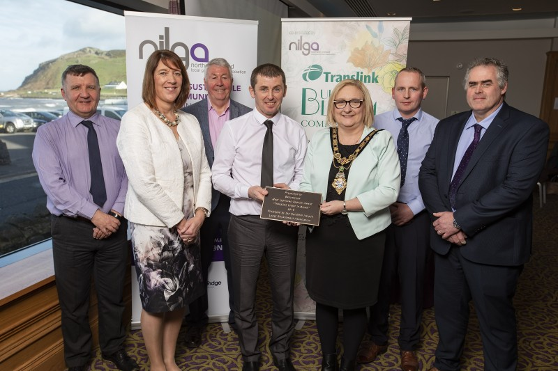The Mayor of Causeway Coast and Glens Borough Council, Councillor Brenda Chivers pictured celebrating Ballymoney’s success at winning the Most Improved Award at the Translink Ulster in Bloom 2018 awards with Sam Todd from Translink, Alderman Freda Donnelly from NILGA, Frank Morrison, Translink Chairman and Don Morrison, Jonathan Barclay and Alastair Campbell from Causeway Coast and Glens Borough Council.
