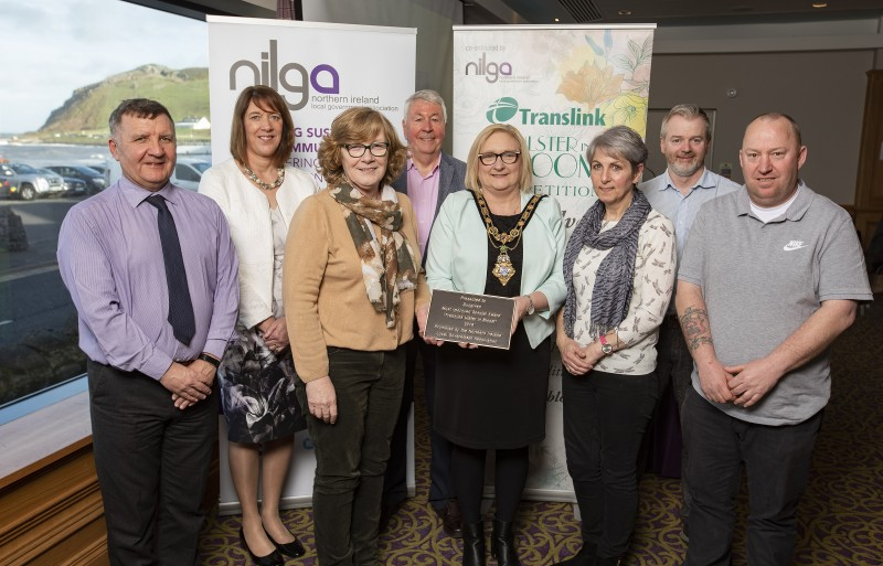 The Mayor of Causeway Coast and Glens Borough Council, Councillor Brenda Chivers pictured with Sam Todd from Translink, Alderman Freda Donnelly from NILGA, members from Dungiven in Bloom and staff from Causeway Coast and Glens Borough Council as celebrated Dungiven winning the Most Improved Awward at the Translink Ulster in Bloom 2018 Awards.