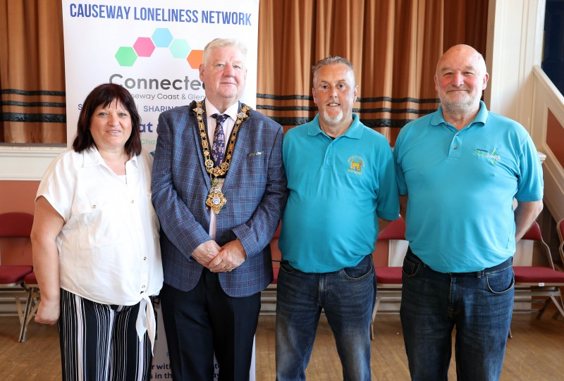 (L-R) Gillian Forrest, Supporting Communities, Mayor of Causeway Coast and Glens, Councillor Steven Callaghan, Martin Neill, Castle Youth Club and Peter Rowlands, Ballymoney Foodbank at the civic reception for volunteers in Ballymoney Town Hall.