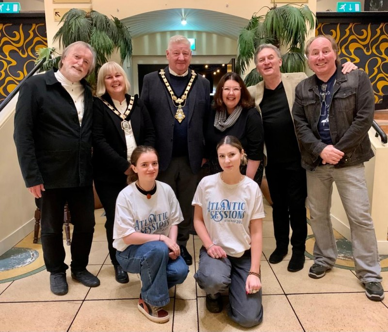 The Mayor of Causeway Coast and Glens, Councillor Steven Callaghan with the Deputy Mayor of Causeway Coast and Glens, Councillor Margaret – Anne McKillop alongside Barry Devlin and Jim Lockhart from Horslips, Karen Smyth of Basslines and her team Emma Smyth and Orlaith Dynan and interviewer Dr Colin Harper.