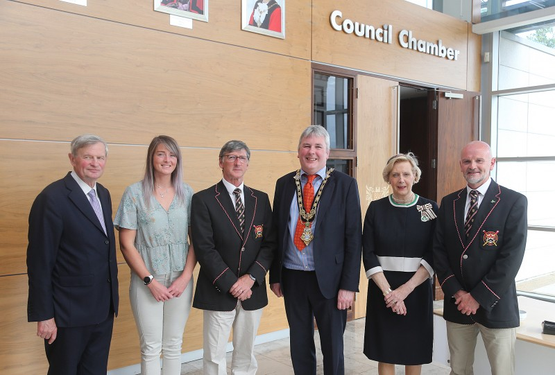 The Mayor of Causeway Coast and Glens Borough Council Councillor Richard Holmes pictured with representatives of Bann Rowing Club, the Lord Lieutenant of County Antrim Mr David McCorkell and the Lord Lieutenant of County Londonderry Mrs Alison Millar at the reception held in Cloonavin for recipients of the Queen’s Award for Voluntary Service.