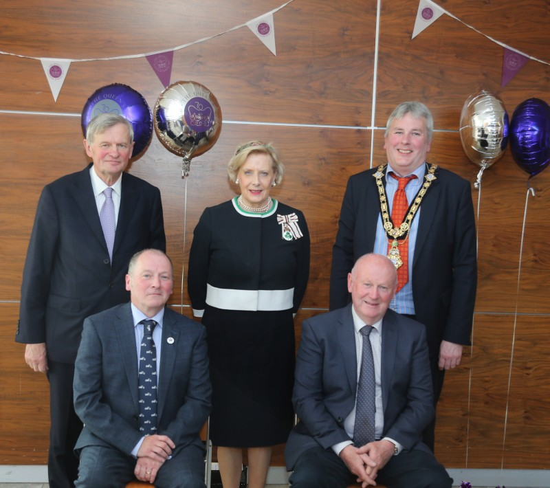 The Mayor of Causeway Coast and Glens Borough Council Councillor Richard Holmes pictured with representatives of the North West 200, the Lord Lieutenant of County Antrim Mr David McCorkell and the Lord Lieutenant of County Londonderry Mrs Alison Millar at the reception held in Cloonavin for recipients of the Queen’s Award for Voluntary Service.