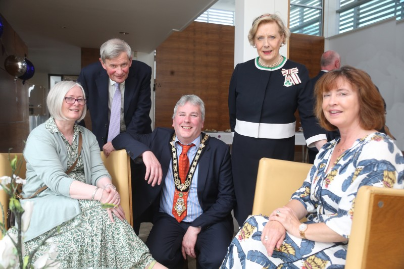 The Mayor of Causeway Coast and Glens Borough Council Councillor Richard Holmes pictured with representatives of Vineyard Compassion, the Lord Lieutenant of County Antrim Mr David McCorkell and Lord Lieutenant of County Londonderry Mrs Alison Millar at the reception held in Cloonavin for recipients of the Queen’s Award for Voluntary Service.