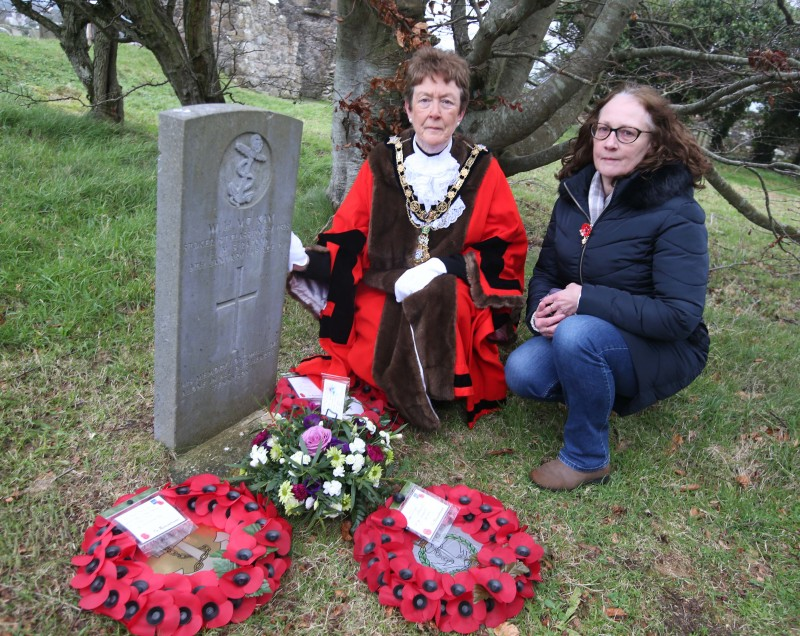 The Mayor of Causeway Coast and Glens Borough Council Councillor Joan Baird OBE pictured at Bonamargy Friary with Gill Bedingfield, a relation of William Henry McKay. a Stoker 1st Class, who was one of those lost from HMS Racoon.
