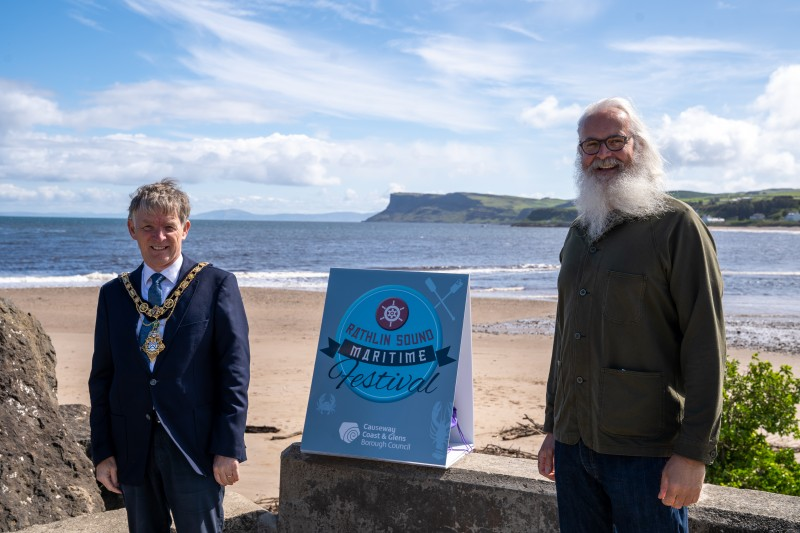 The Mayor of Causeway Coast and Glens Borough Council Alderman Mark Fielding pictured in Ballycastle ahead of the virtual Rathlin Sound Maritime Festival with Philip Robinson from Giant Tours. The festival is taking place online with a series of short videos shared on the Causeway Coast and Glens Events and Rathlin Sound Maritime Festival Facebook pages on May 31st, June 2nd, June 4th and June 6th.