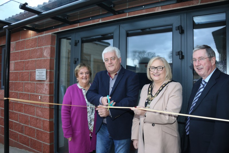 Angela O'Hagan from Loughgiel Community Association, Gareth Evans, Rural Development Programme Manager for NI, the Mayor of Causeway Coast and Glens Borough Council Councillor Brenda Chivers and Gerard McCloskey from Loughgiel Community Association cut the ribbon on the new Healthy Living Centre at The Millennium Centre.