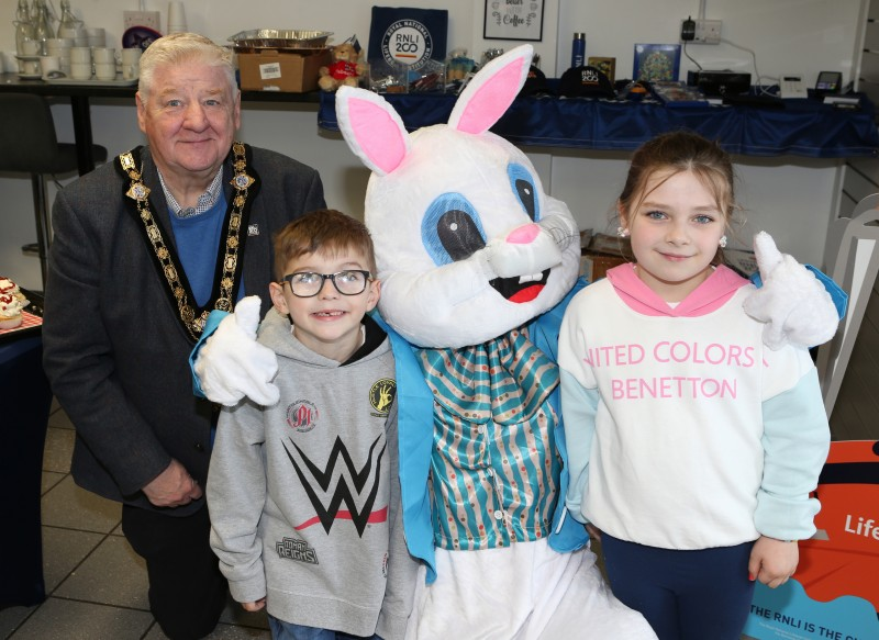 The Mayor, Councillor Steven Callaghan pictured with children who attended the RNLI coffee morning and special guest the Easter Bunny.