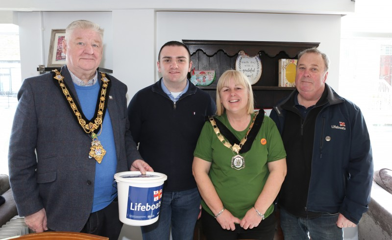 The Mayor Councillor Steven Callaghan and Deputy Mayor Councillor Margaret-Anne McKillop pictured alongside Conor McAfee and Andrew Mc Alister RNLI voluteers.