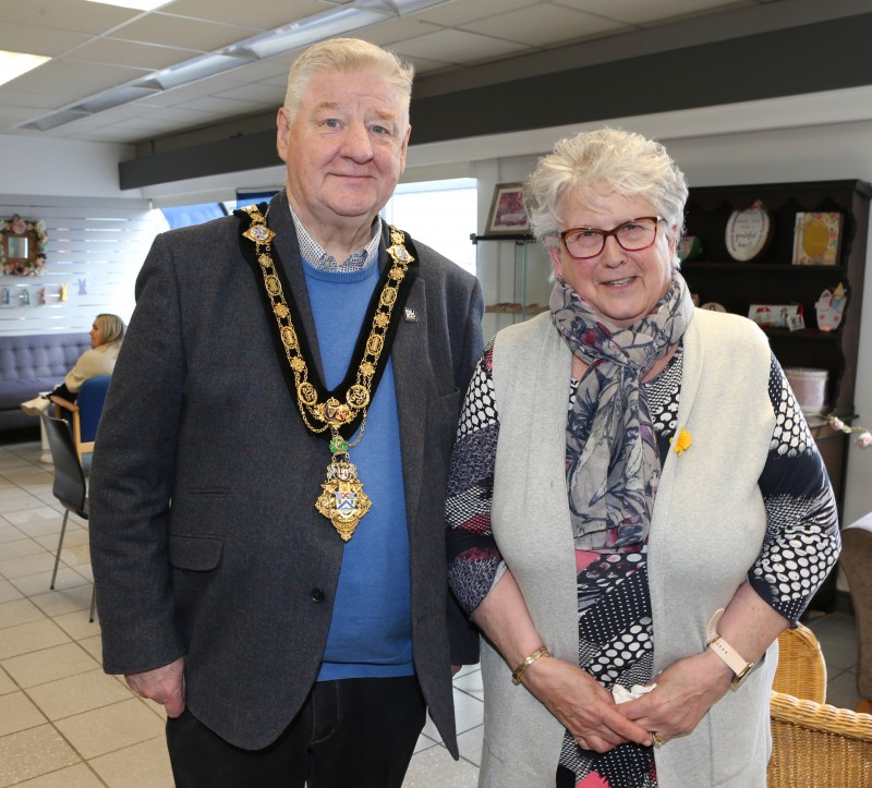 The Mayor, Councillor Steven Callaghan pictured with Eileen Mc Allister who both attended the Deputy Mayor’s recent coffee morning in aid of RNLI.