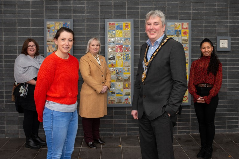 Pictured at the unveiling of the ‘Our Story in the Making’ community artwork at Roe Valley Arts and Cultural Centre is L-R, Cultural Services Development Officer Karen Smyth, artist, Fiona Shannon, Alderman Michelle Knight McQuillan, the Mayor of Causeway Coast and Glens Borough Council, Richard Holmes, and Arts and Cultural Facilities Officer Esther Alleyne.