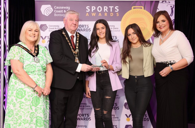 Junior Team of the Year, Ruairi Og U15 Camogie Team, pictured with Denise Watson, Mayor of Causeway Coast and Glens, Councillor Steven Callaghan and Deputy Mayor, Councillor Margaret-Anne McKillop.