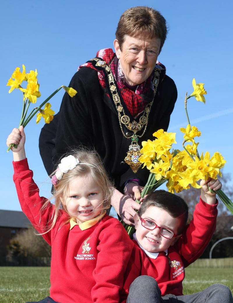 Pictured at the launch of Ballymoney Spring Fair brought to you by Causeway Coast and Glens Borough Council in association with Local Women magazine are the Mayor Councillor Joan Baird OBE and Oscar and Nicole from Ballymoney Nursery School.