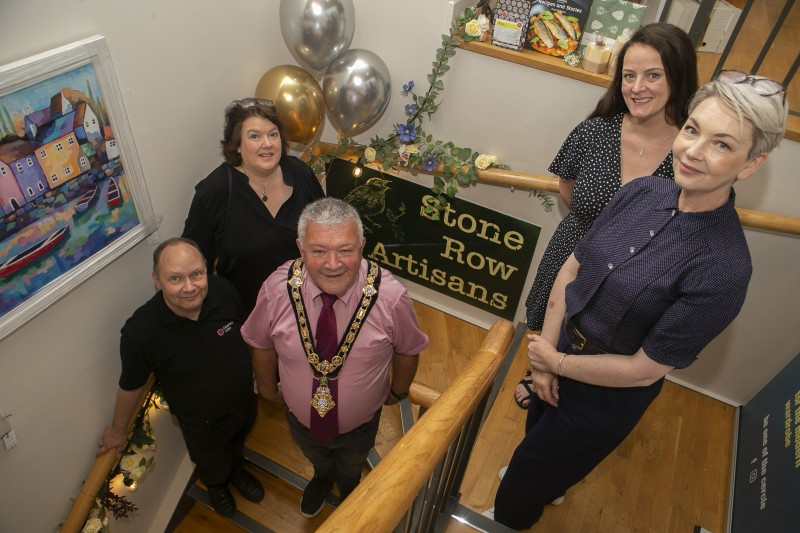 Pictured at the Stone Row Artisans celebration event are (L to R), Graham Watts (Causeway Coffee/Chair of Taste Causeway); the Mayor of Causeway Coast and Glens Borough Council Councillor Ivor Wallace, chef Paula McIntyre, Emma Thorpe (Atlantic Rose/ Stone Row Artisans), and Claire McDowell (Bad Bird Crafts/ Stone Row Artisans).