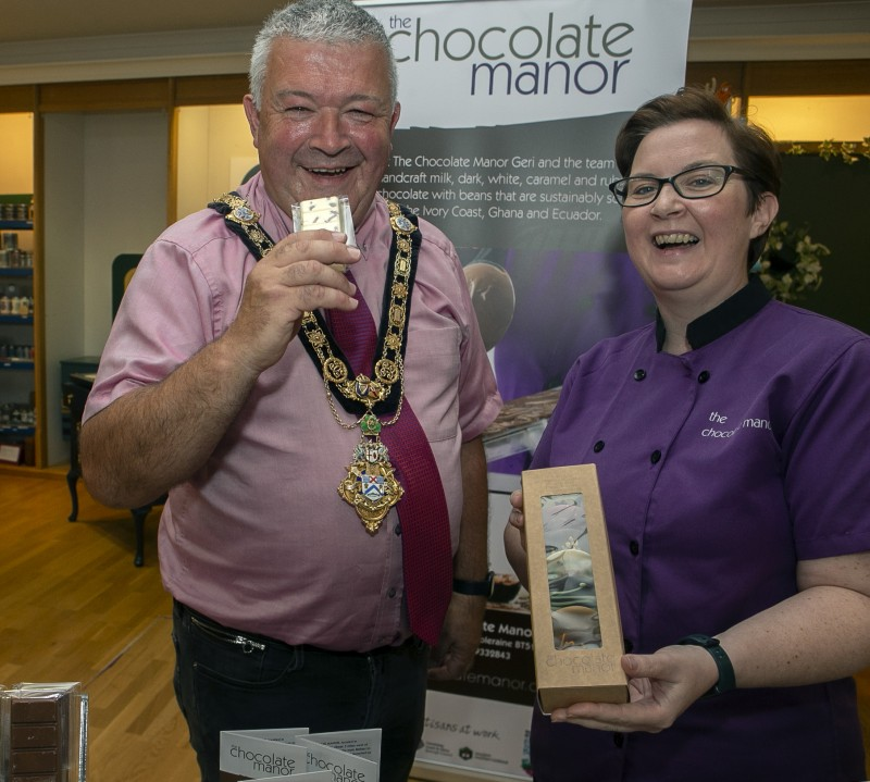 The Mayor of Causeway Coast and Glens Borough Council Councillor Ivor Wallace pictured with Geri Martin from The Chocolate Manor.