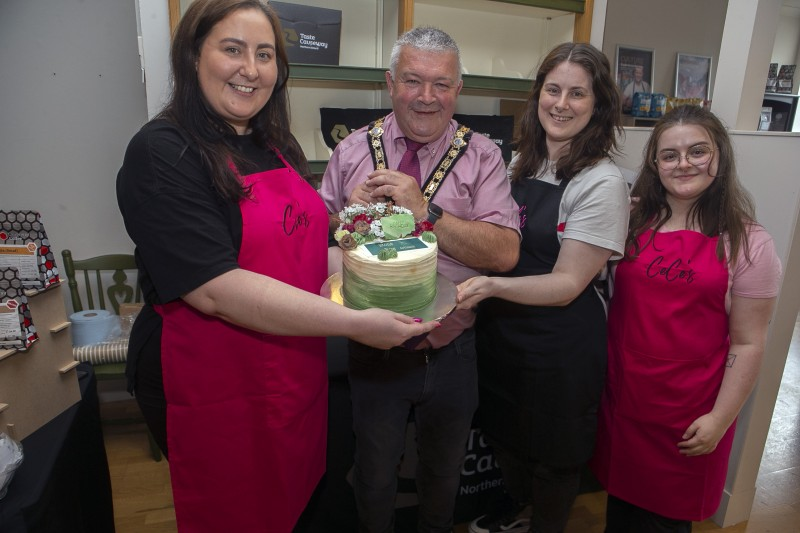 Pictured at the Stone Row Artisans celebration event are (L to R) are Gemma Cauldwell and Kirsty Cauldwell of CeCe's Cakes and Bakes and their colleague Niamh, with the Mayor of Causeway Coast and Glens Borough Council Councillor Ivor Wallace.